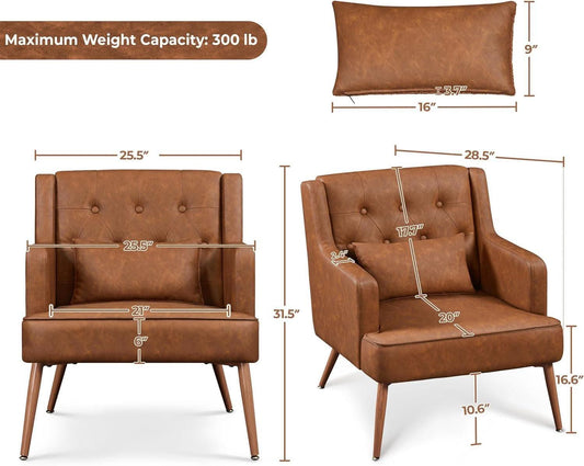 Two Brown Leatherette Mid Century Accent Chairs Set
