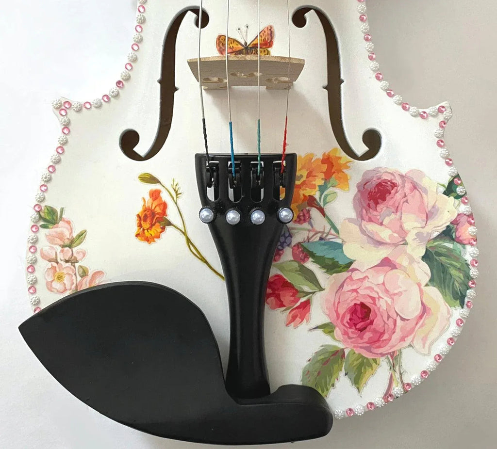 Floral Delight Violin Outfit | 1/2 Size Floral Violin with Crystal Pink Border, Pearl Fine Tuners & Brazilwood Bow