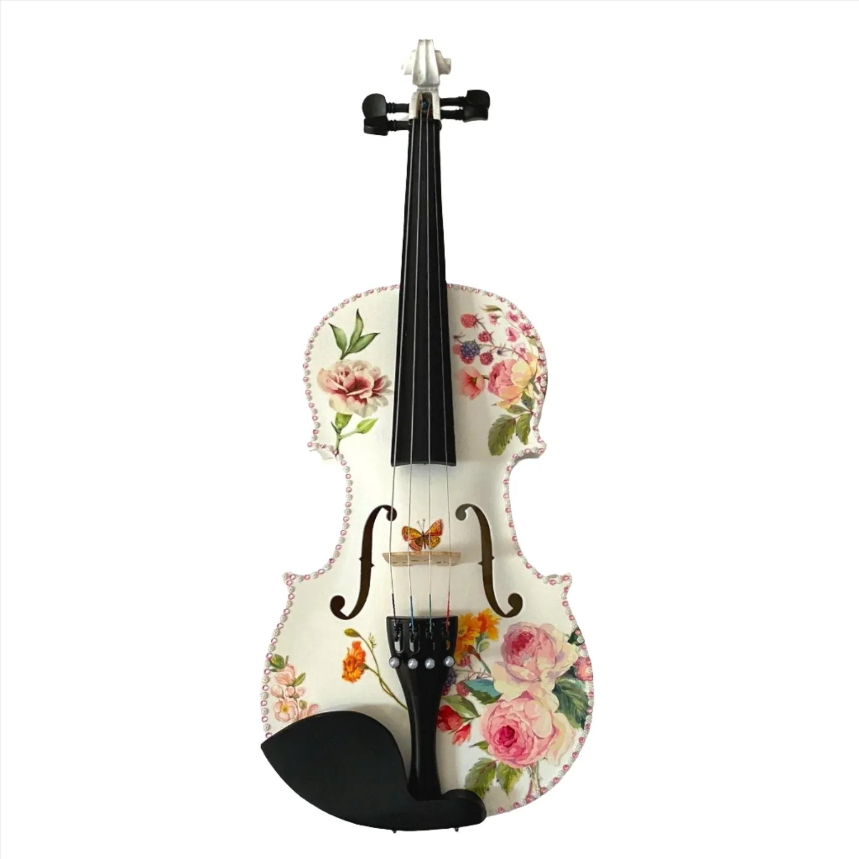 Floral Delight Violin Outfit | 1/2 Size Floral Violin with Crystal Pink Border, Pearl Fine Tuners & Brazilwood Bow