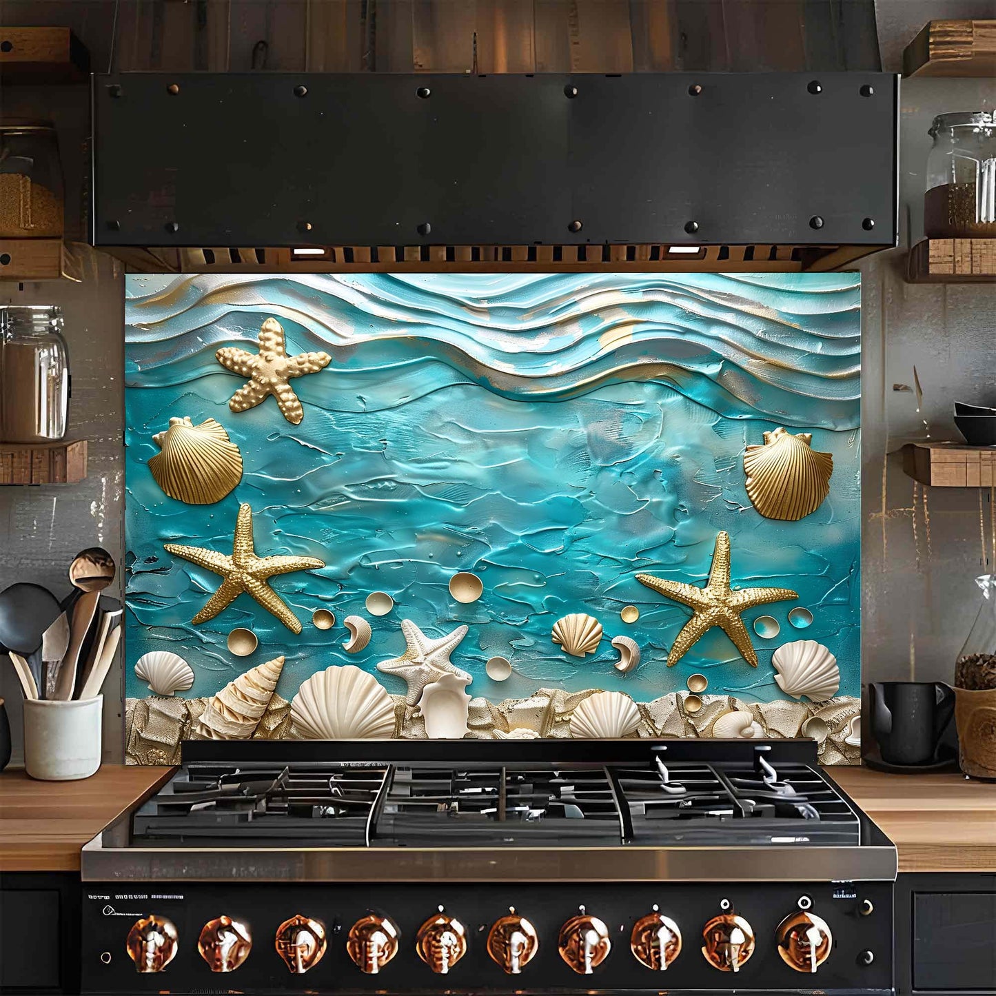 Ocean Breeze – Tempered Glass Backsplash for Kitchen – Coastal Seashell Splashback