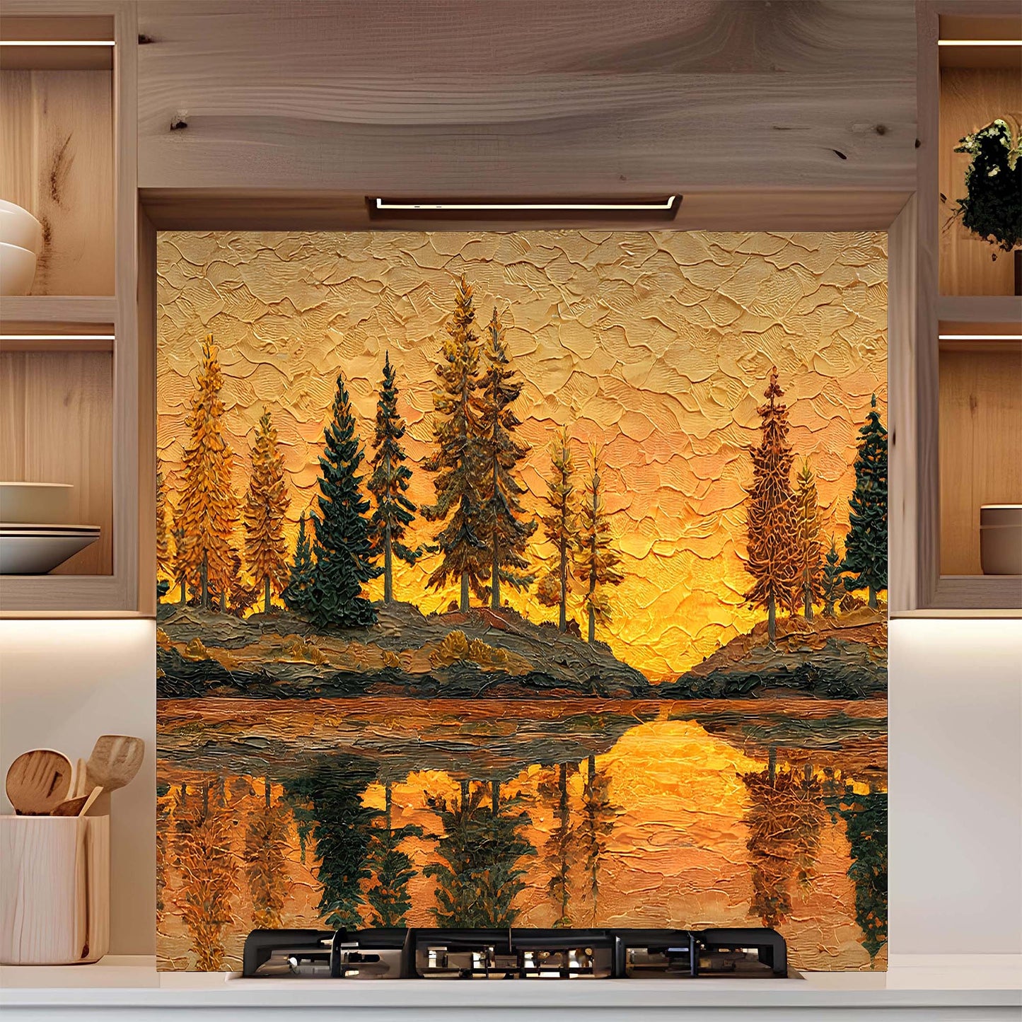 Custom Kitchen Backsplash – Golden Sunset Forest Tempered Glass Backsplash