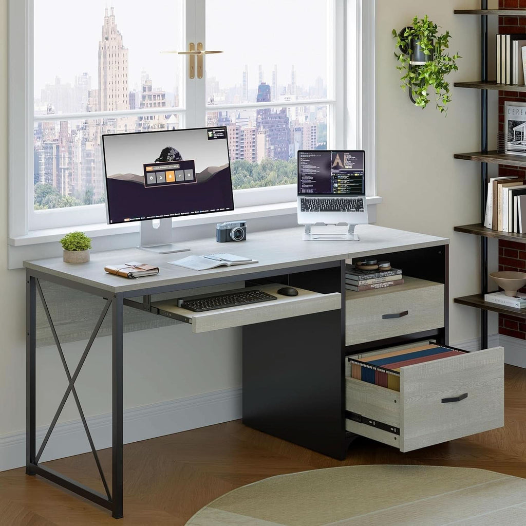 Industrial Office Desk with Storage Drawers and Keyboard Tray