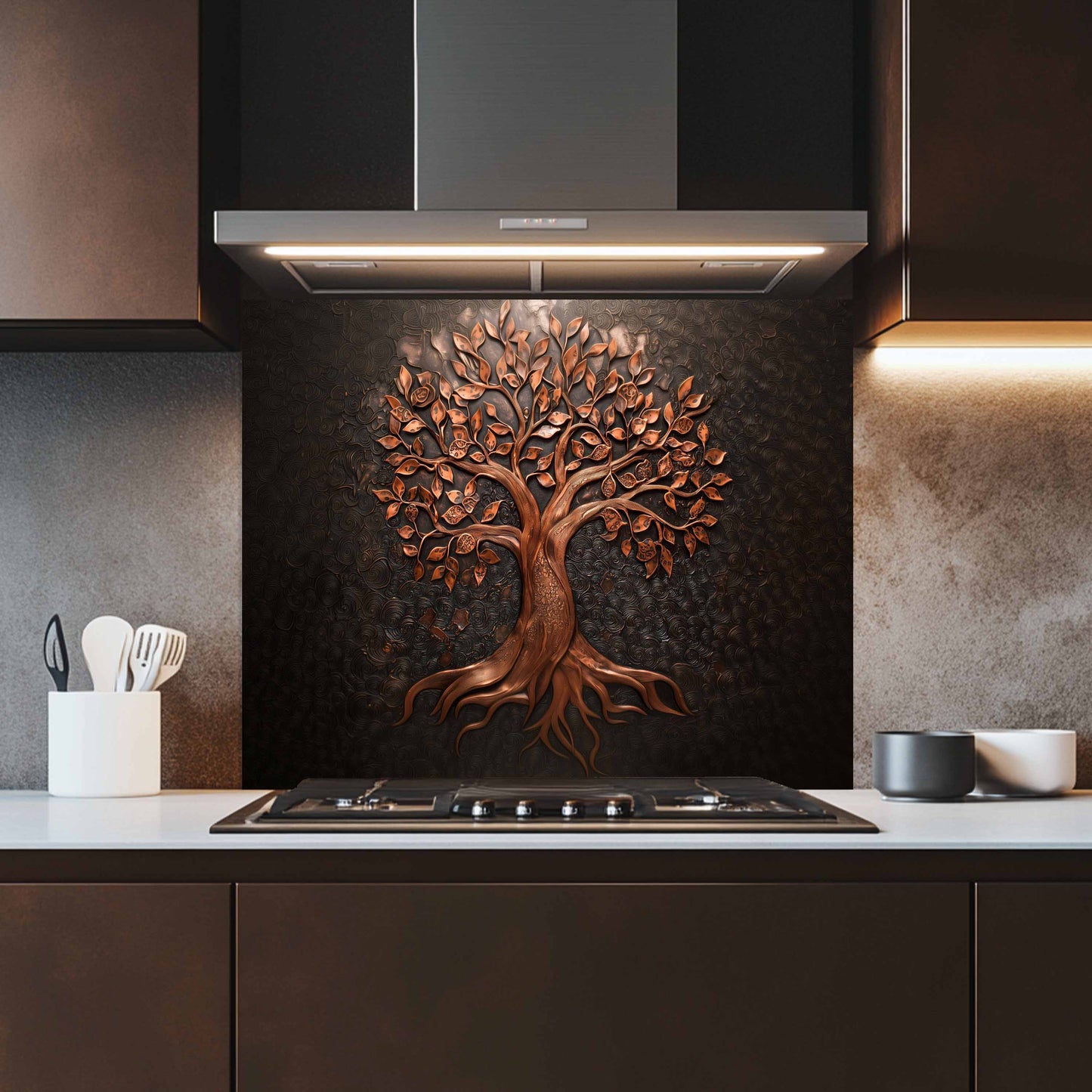 Bronze Tree of Life Tempered Glass Backsplash – Elegant Nature-Inspired Kitchen Art