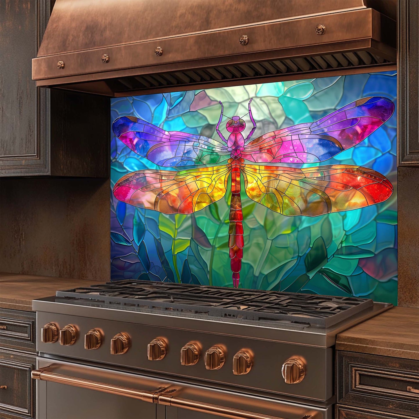 Rainbow Dragonfly – Tempered Glass Backsplash for Kitchen – Stained Glass Look Splashback