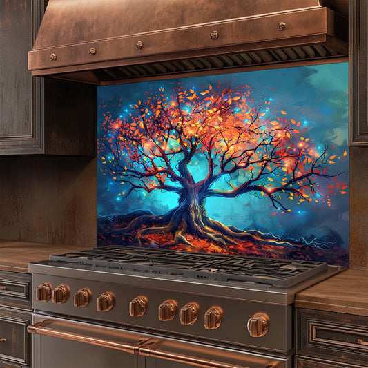 Enchanted Tree of Light – Tempered Glass Backsplash for Kitchen – Nature Splashback