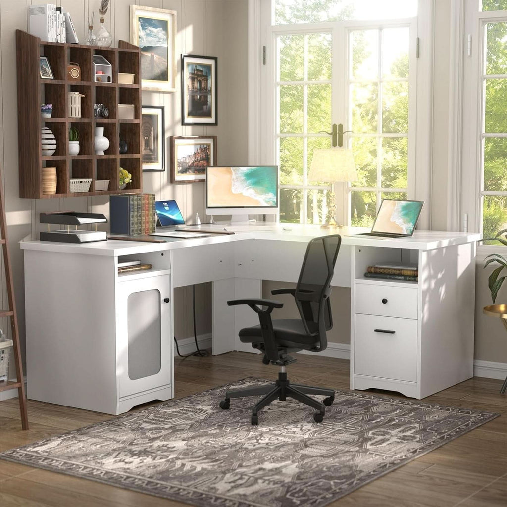 L Shaped Computer Desk with Power Outlets and USB Ports