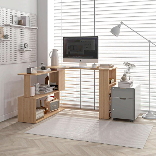 L Shaped Corner Desk With 360 Degree Rotation And Shelves