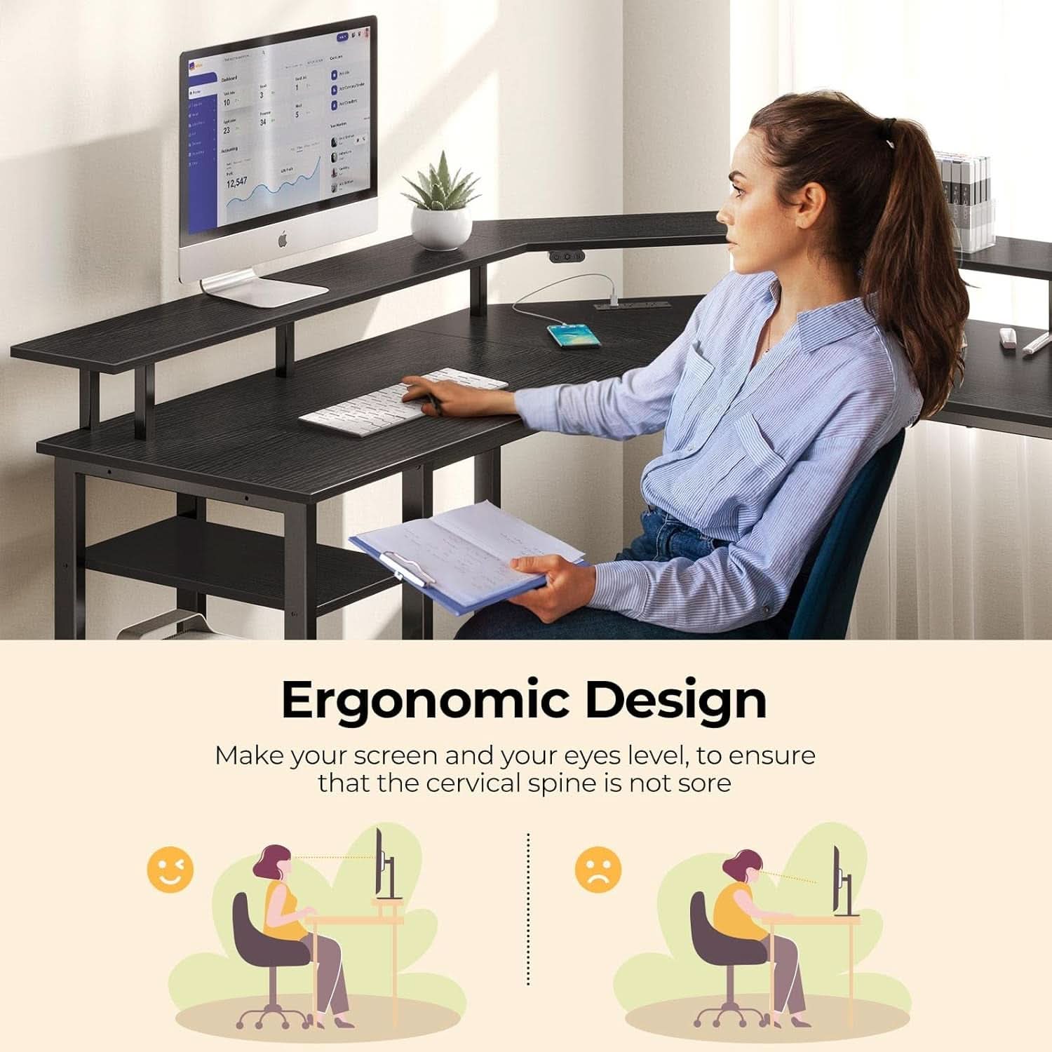 53 Inch L Shaped Gaming Desk With LED Light Kit And Outlets