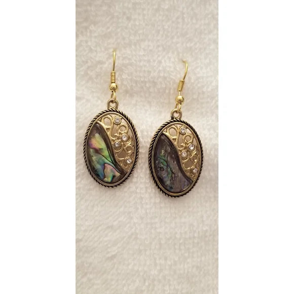 Gold Tone Oval Abalone Dangle Earrings with Rhinestones