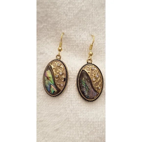 Gold Tone Oval Abalone Dangle Earrings with Rhinestones