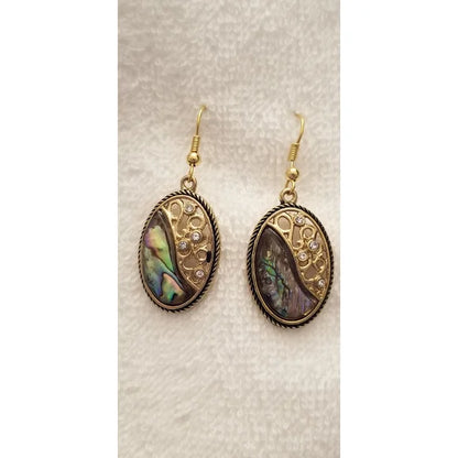 Gold Tone Oval Abalone Dangle Earrings with Rhinestones
