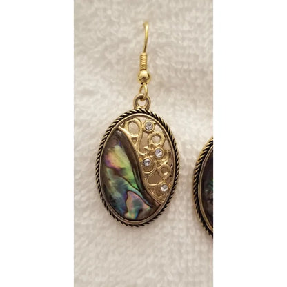 Gold Tone Oval Abalone Dangle Earrings with Rhinestones