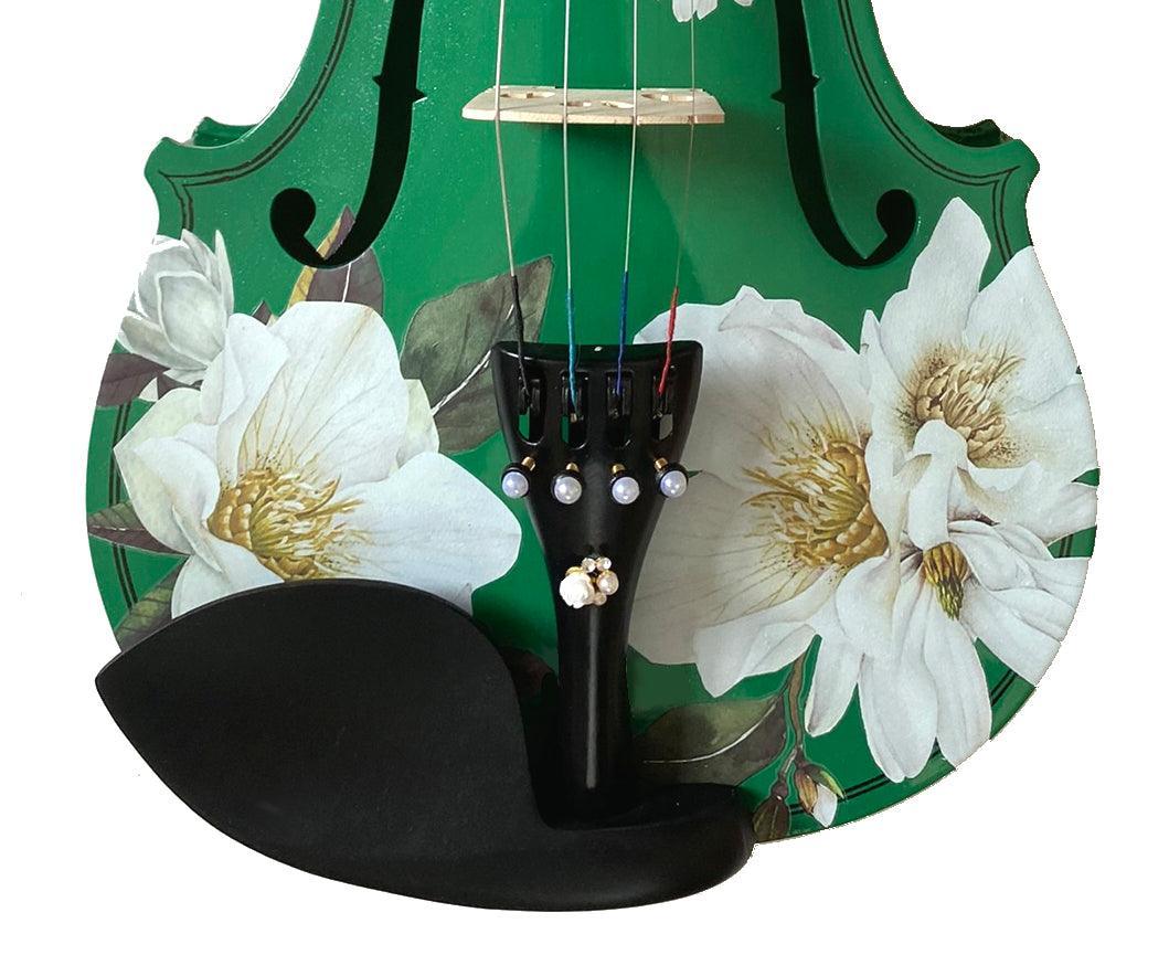 Magnolia Heaven Emerald Green Violin Outfit | Magnolia Flower Violin with Pearl Fine Tuners, Brazilwood Bow & Case