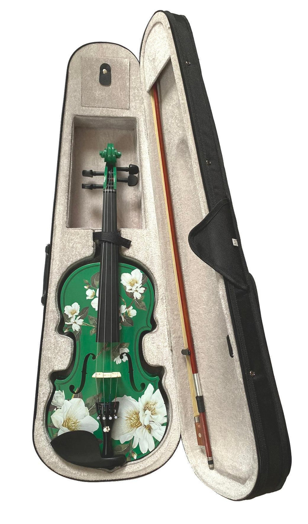 Magnolia Heaven Emerald Green Violin Outfit | Magnolia Flower Violin with Pearl Fine Tuners, Brazilwood Bow & Case