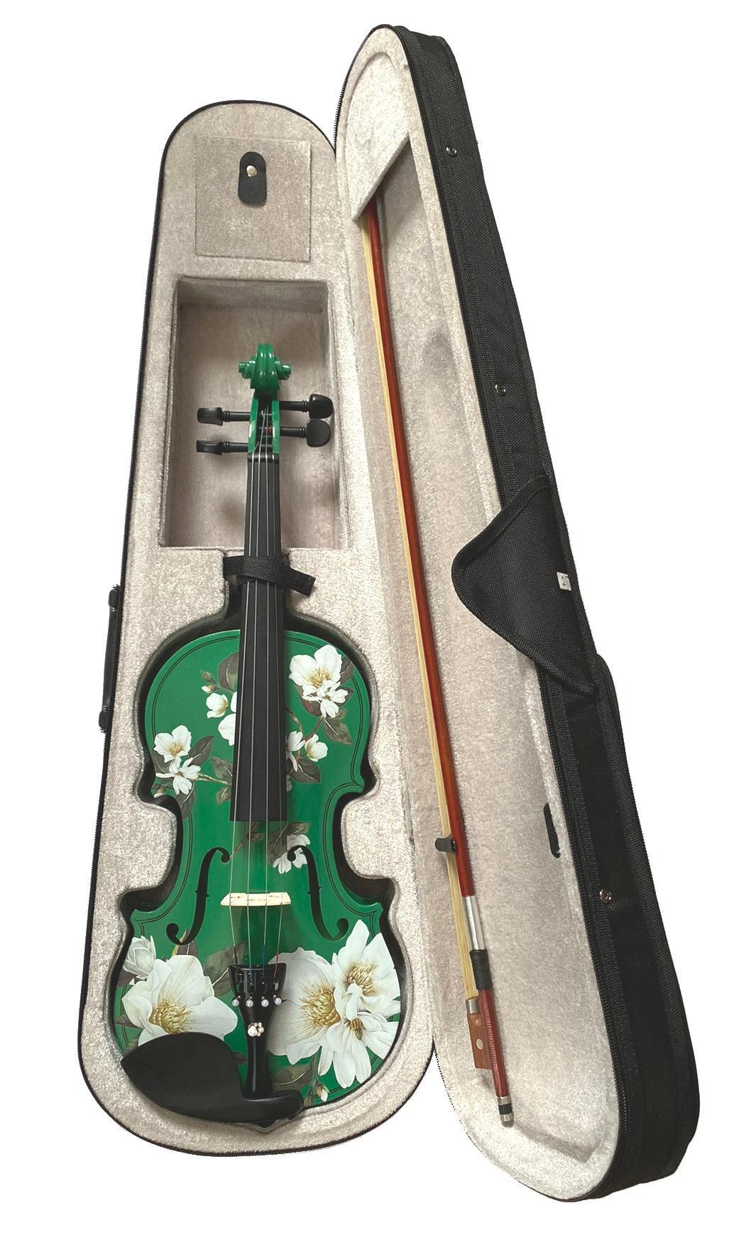 Magnolia Heaven Emerald Green Violin Outfit | Magnolia Flower Violin with Pearl Fine Tuners, Brazilwood Bow & Case