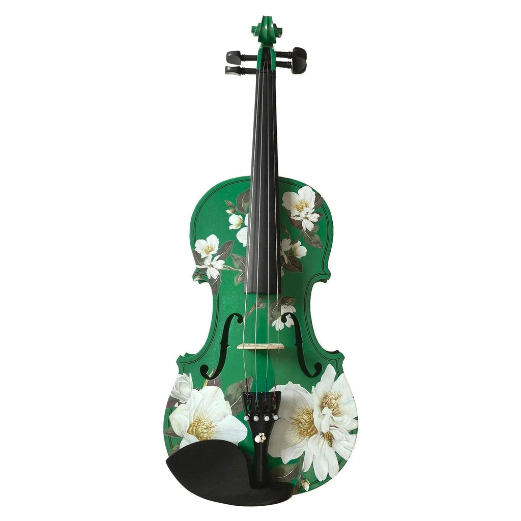 Magnolia Heaven Emerald Green Violin Outfit | Magnolia Flower Violin with Pearl Fine Tuners, Brazilwood Bow & Case