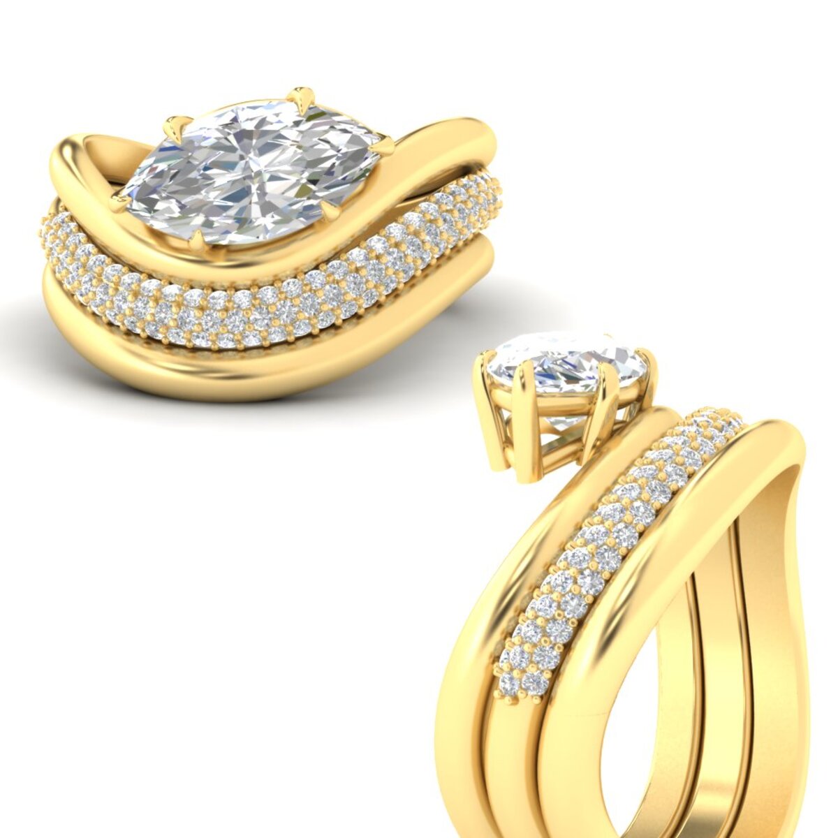 Dual Bands with Wave Solitaire Ring