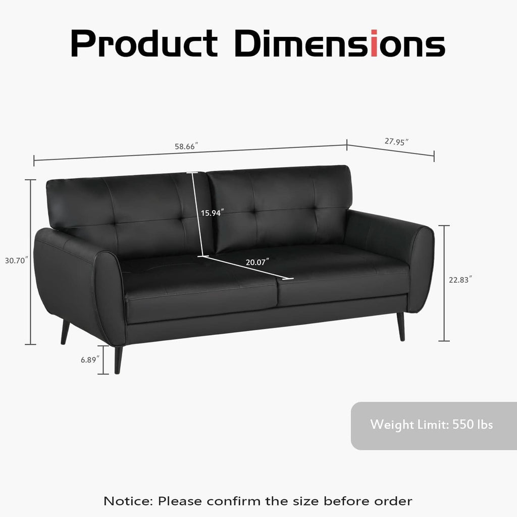 Mid Century Modern Black Loveseat Sofa for Small Spaces