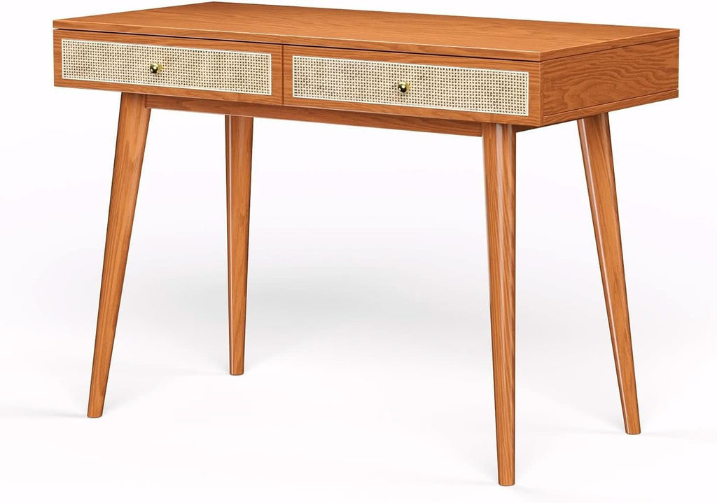 Mid Century Modern Solid Wood Desk With Drawers 45 Inch Rattan Writing Desk