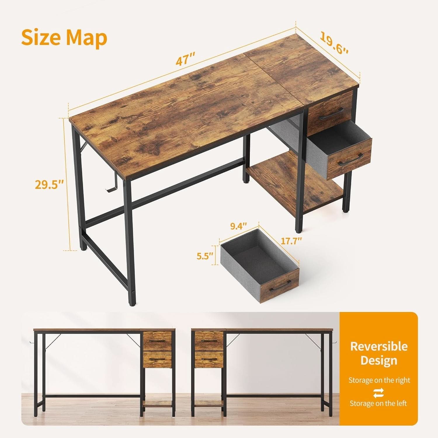 Modern 47 Inch Home Office Desk With Storage Drawers