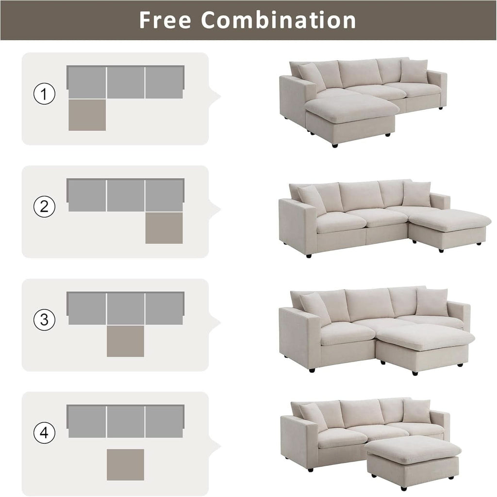 Modern L Shaped Beige Cloud Sofa With Convertible Ottoman