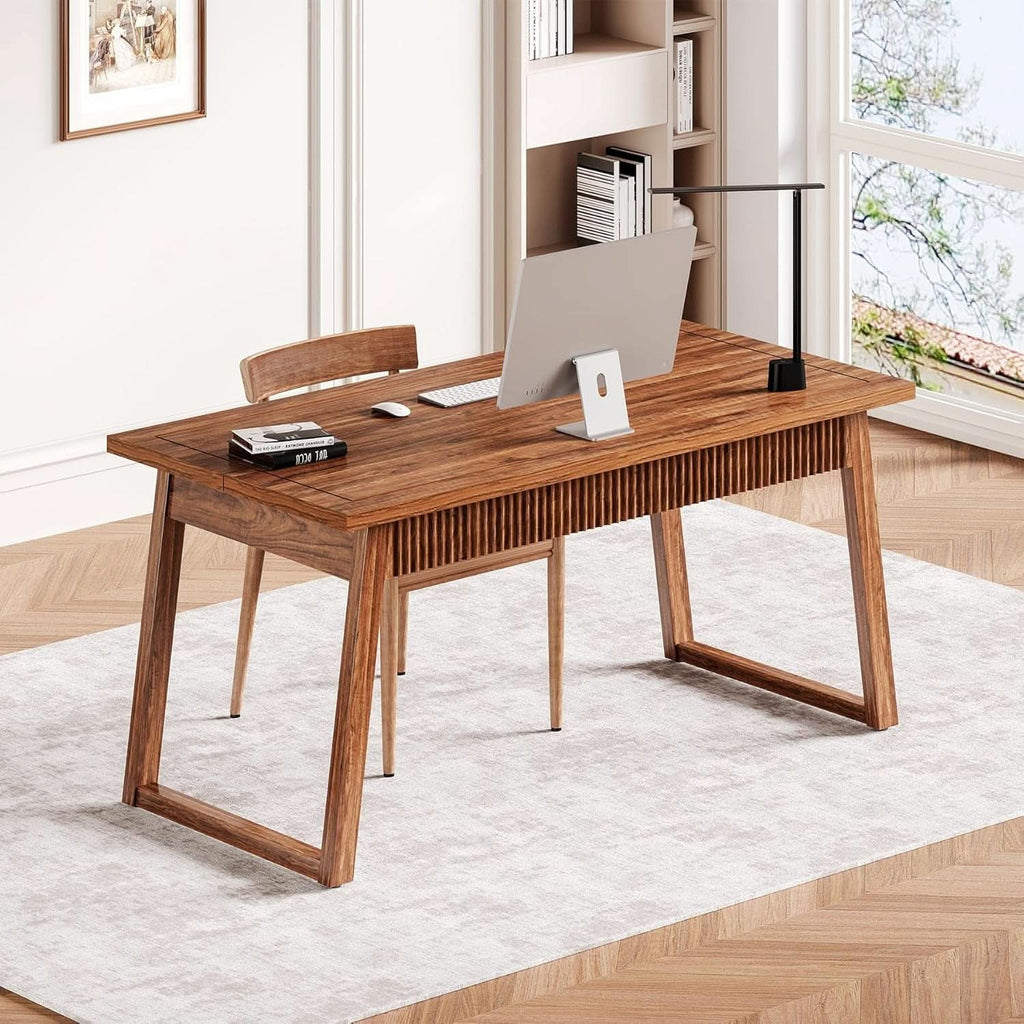 55 Inch Walnut Brown Desk With Drawer For Home Office