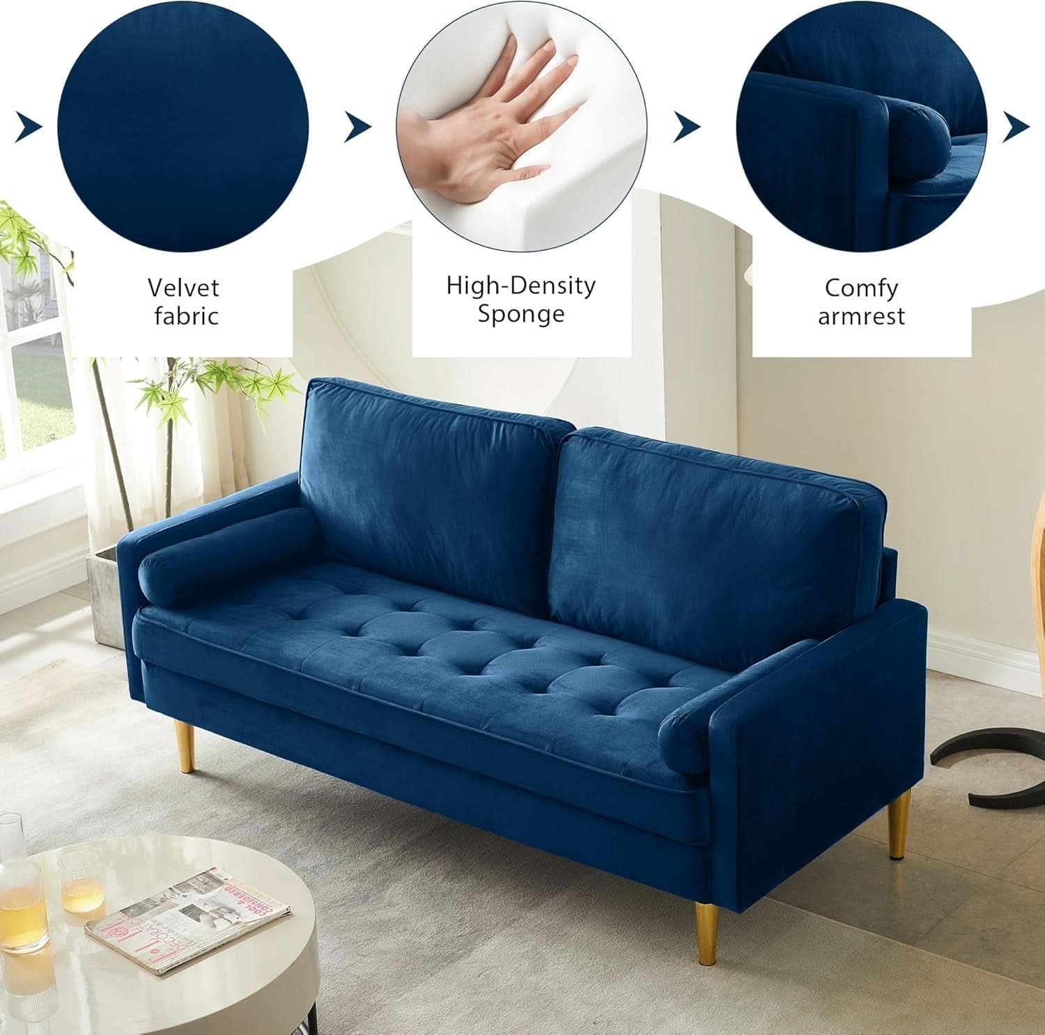 Modern Velvet Loveseat Sofa with Pillows for Comfort