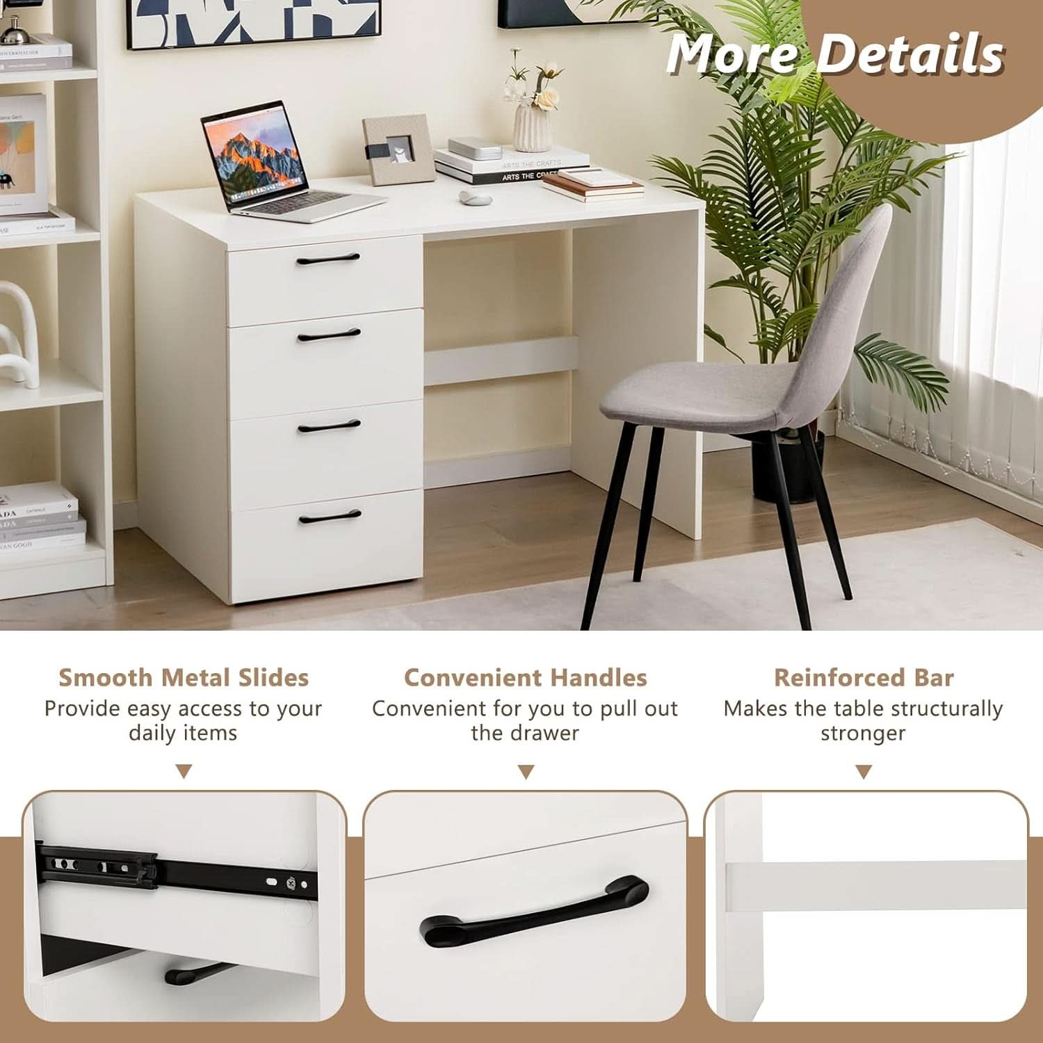 Modern White Computer Desk With Four Spacious Drawers
