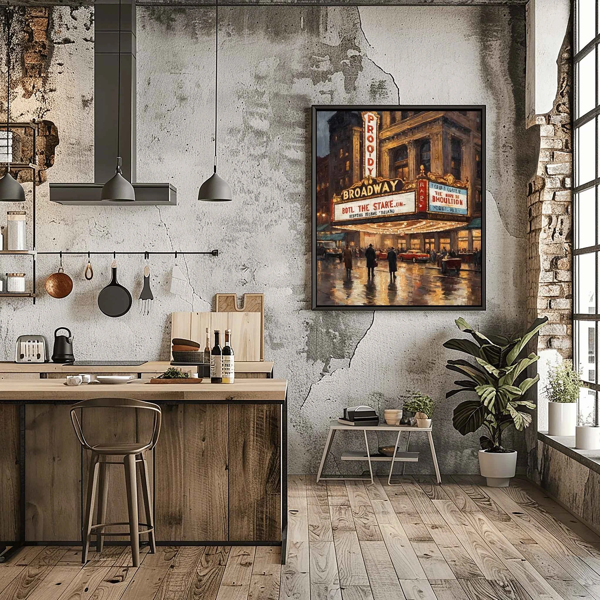 Broadway Noir: Vintage New York City Rain & Theater Lights Oil Painting