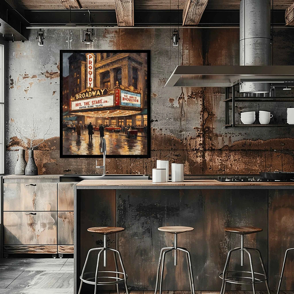 Broadway Noir: Vintage New York City Rain & Theater Lights Oil Painting