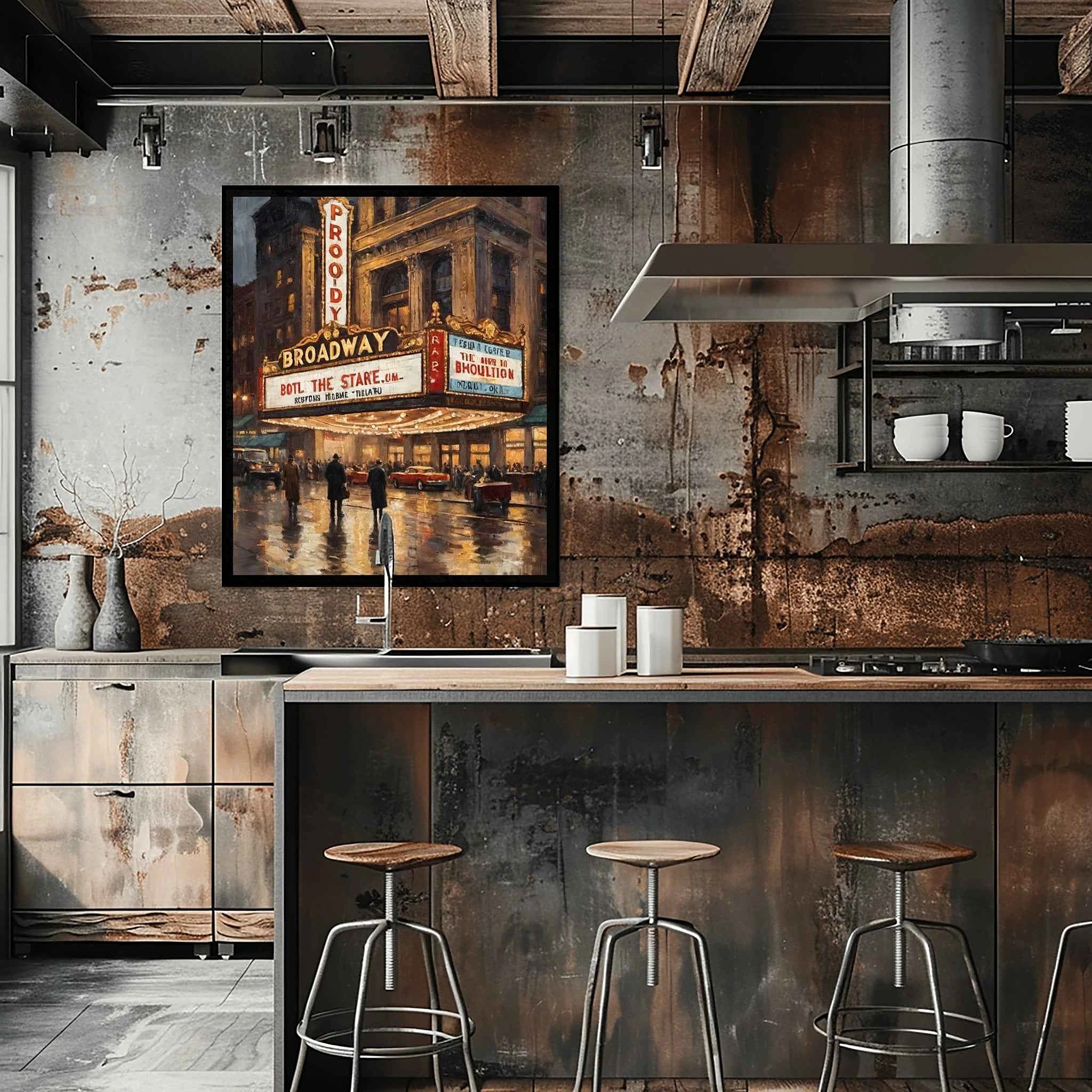 Broadway Noir: Vintage New York City Rain & Theater Lights Oil Painting