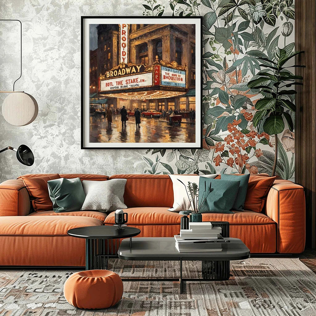 Broadway Noir: Vintage New York City Rain & Theater Lights Oil Painting