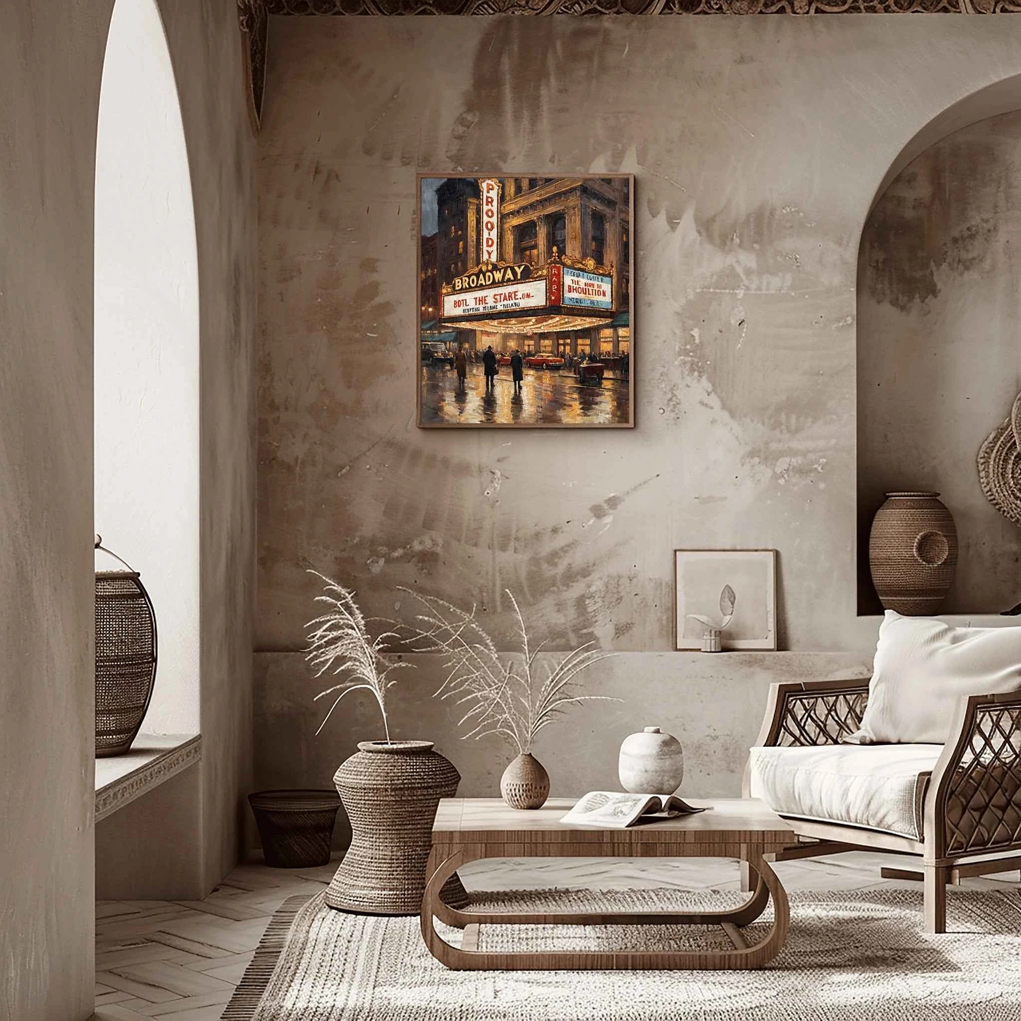 Broadway Noir: Vintage New York City Rain & Theater Lights Oil Painting