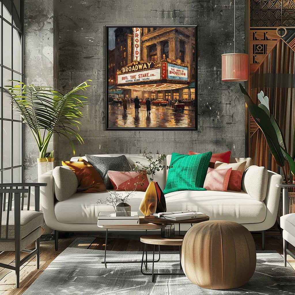 Broadway Noir: Vintage New York City Rain & Theater Lights Oil Painting