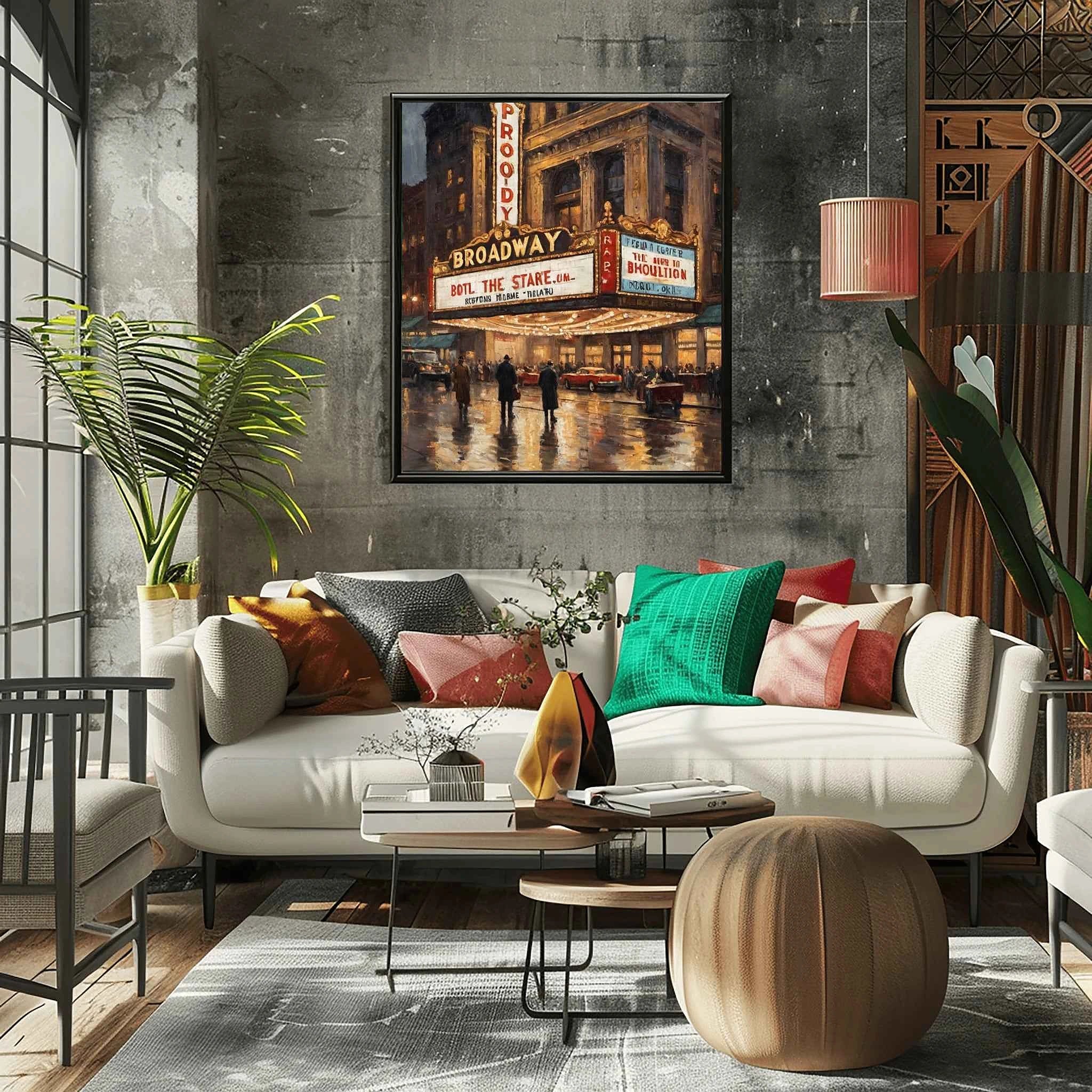 Broadway Noir: Vintage New York City Rain & Theater Lights Oil Painting