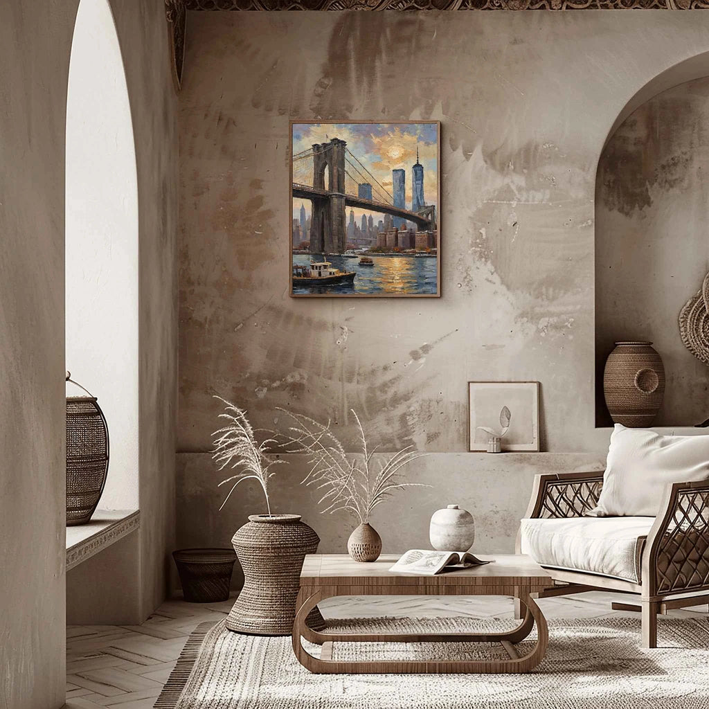 Brooklyn Twilight: Iconic NYC Bridge & Skyline Oil Painting Canvas Art