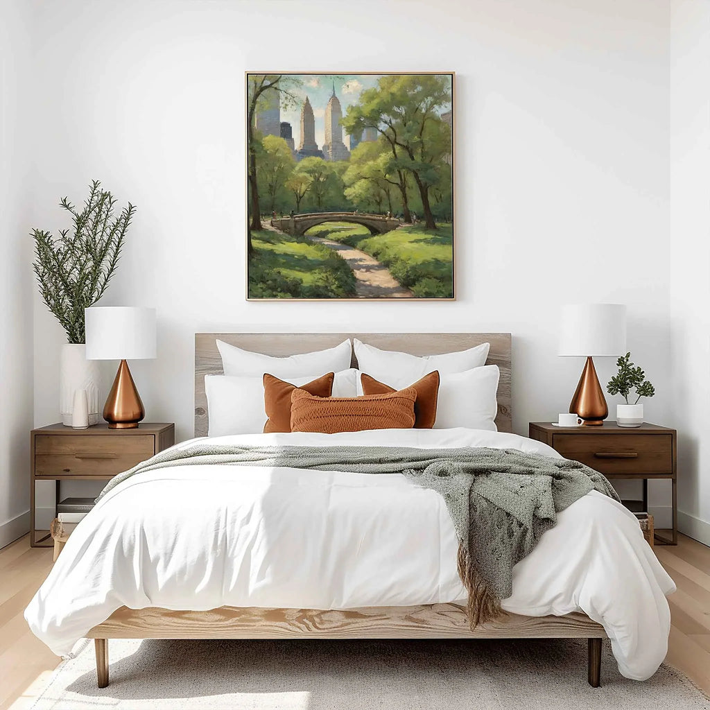 Central Park Serenity: Iconic Stone Bridge & Manhattan Skyline Oil Painting