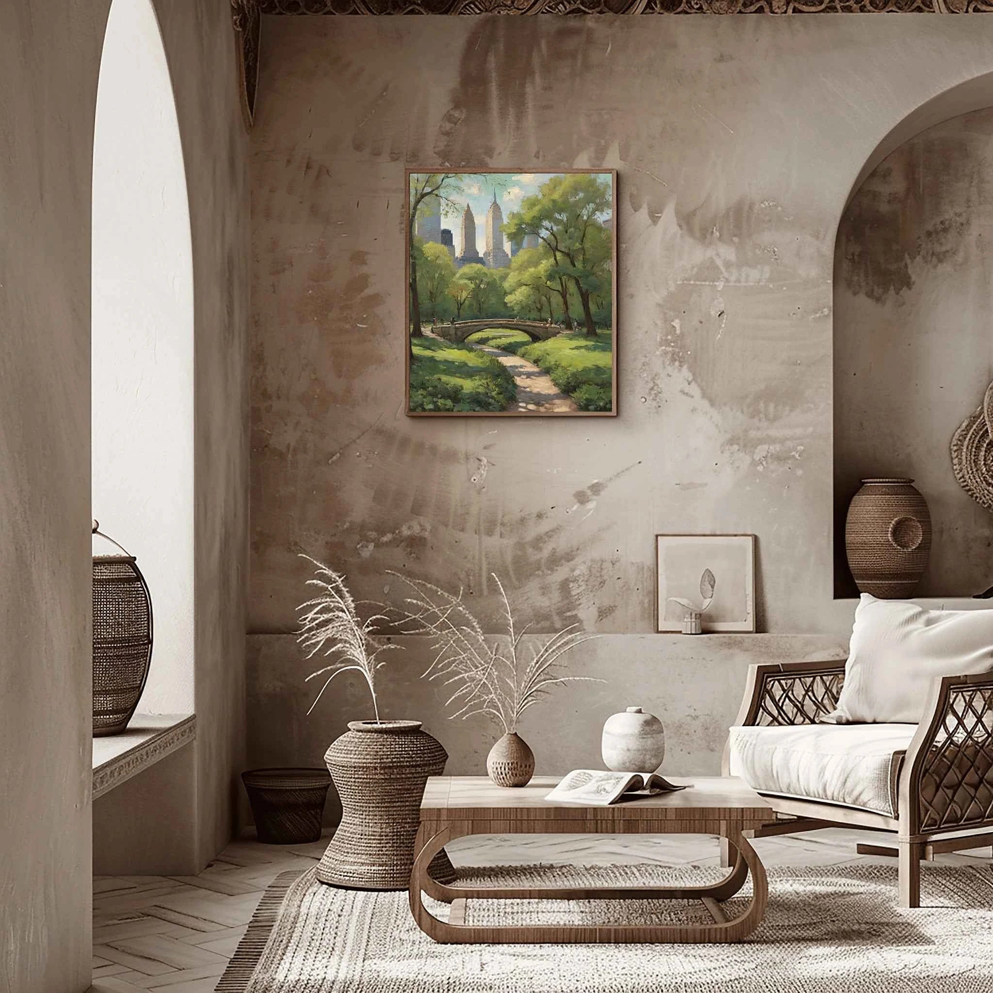 Central Park Serenity: Iconic Stone Bridge & Manhattan Skyline Oil Painting