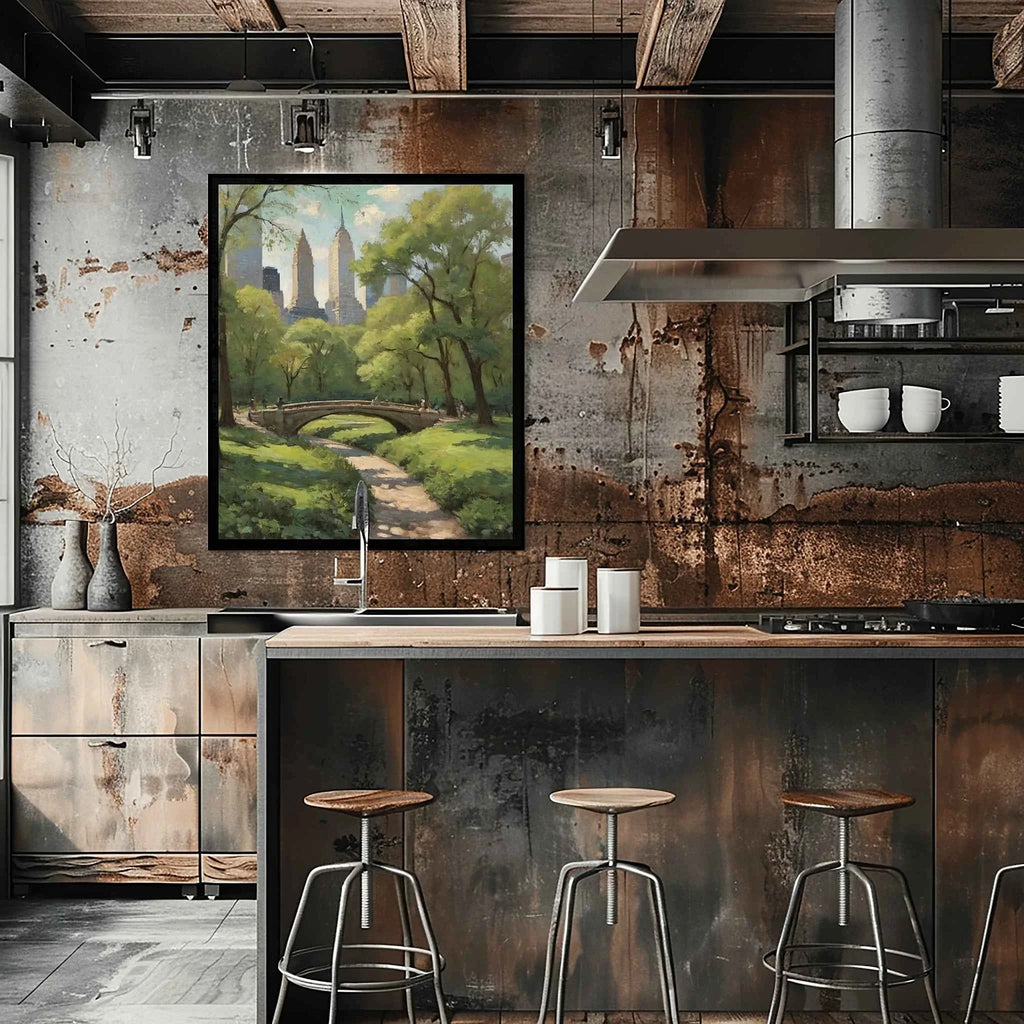 Central Park Serenity: Iconic Stone Bridge & Manhattan Skyline Oil Painting