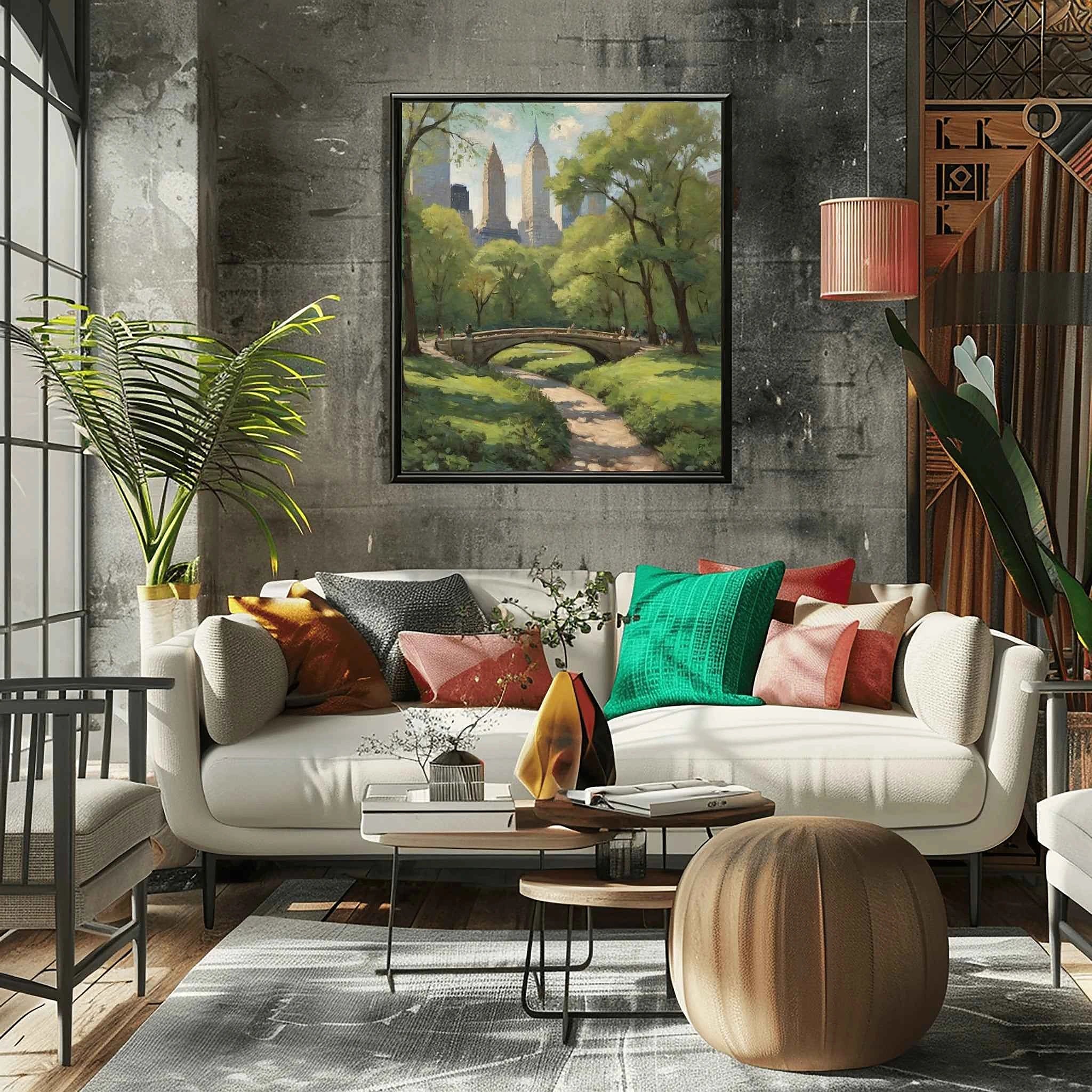Central Park Serenity: Iconic Stone Bridge & Manhattan Skyline Oil Painting