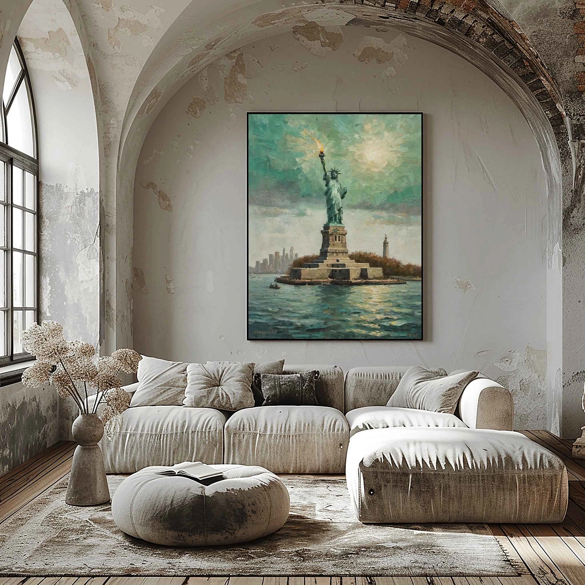 Liberty Beacon: Iconic Statue of Liberty & New York Harbor Oil Painting