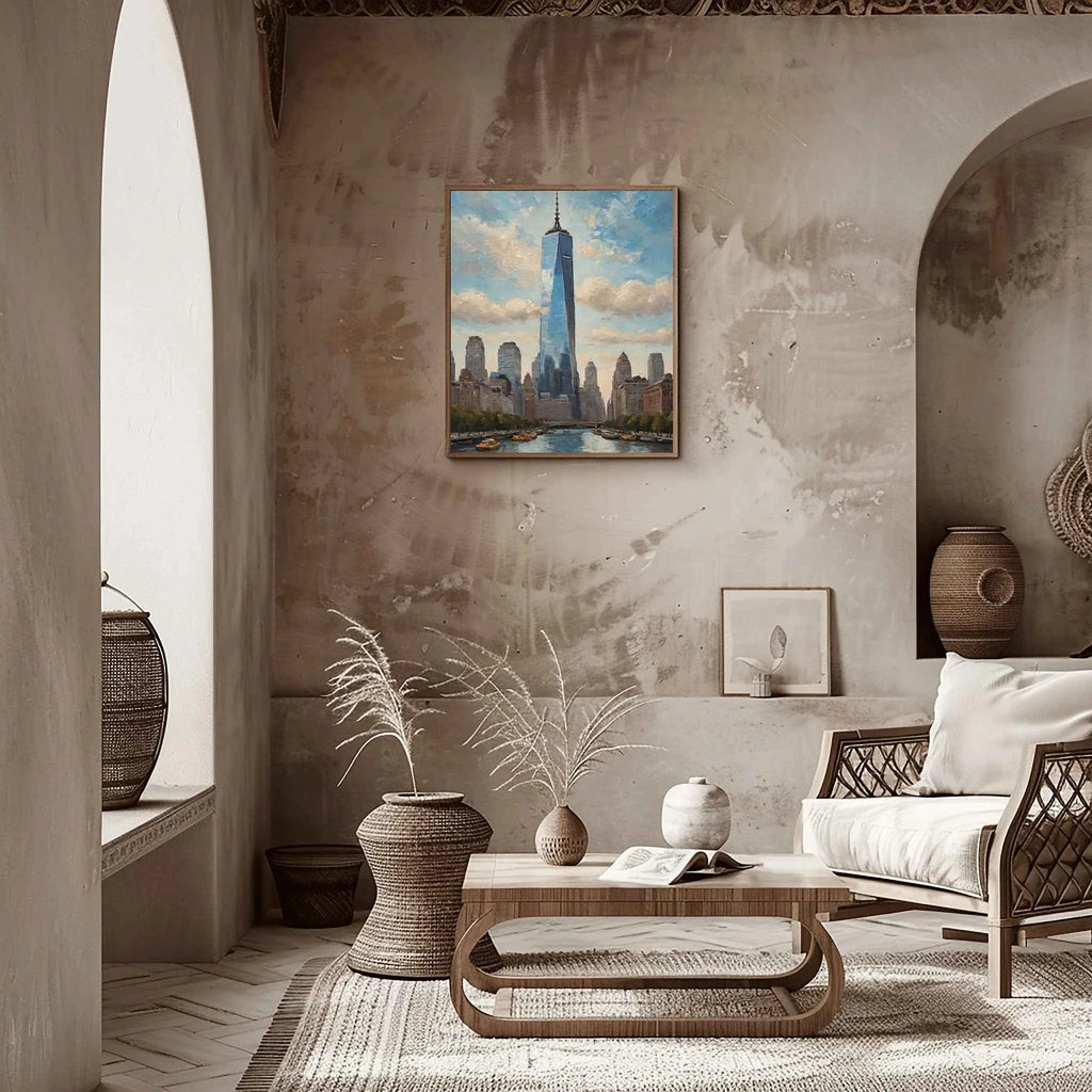 One World Skyline: Modern NYC Architecture & Hudson River Oil Painting