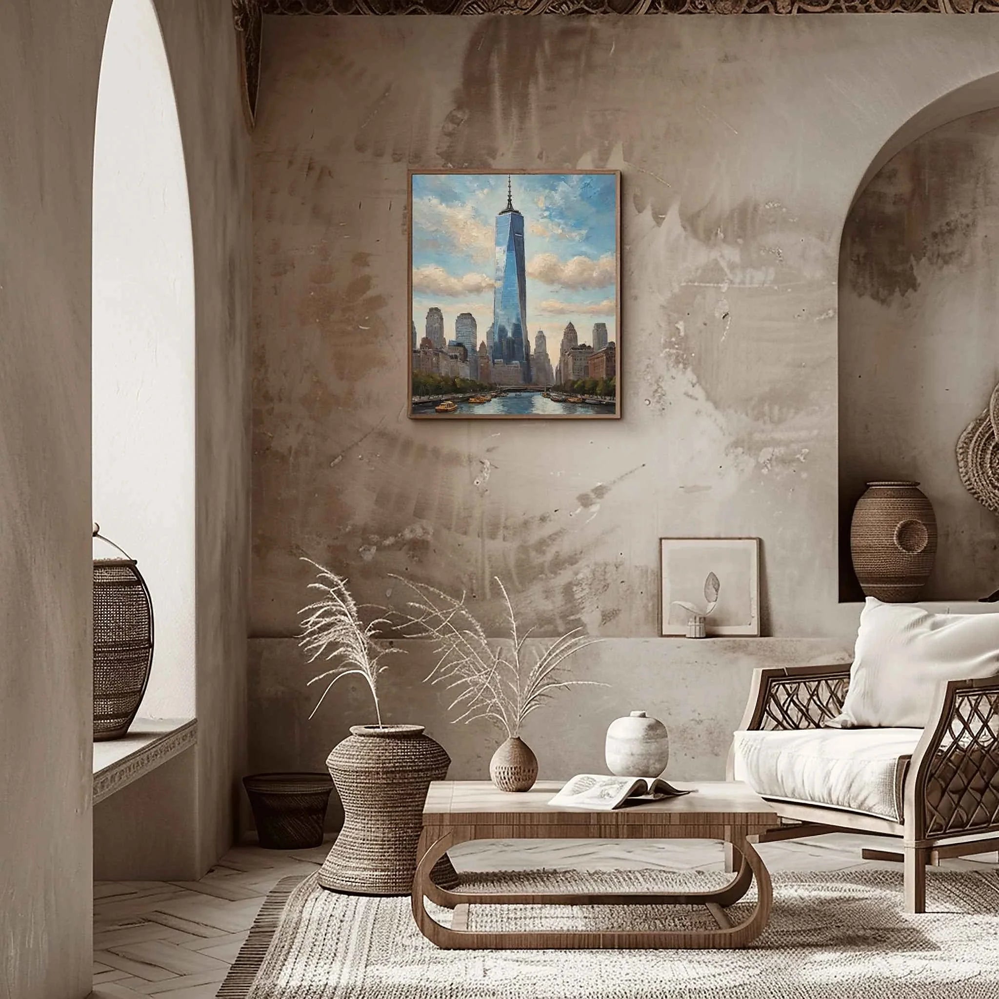 One World Skyline: Modern NYC Architecture & Hudson River Oil Painting