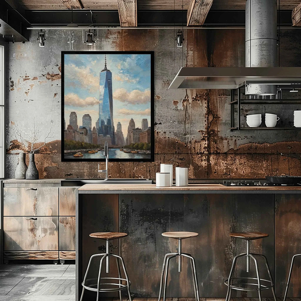 One World Skyline: Modern NYC Architecture & Hudson River Oil Painting