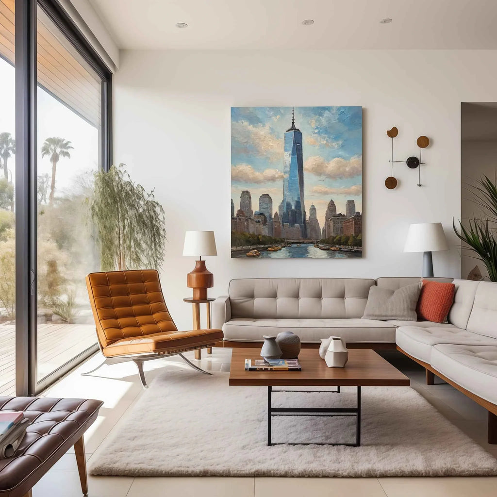 One World Skyline: Modern NYC Architecture & Hudson River Oil Painting