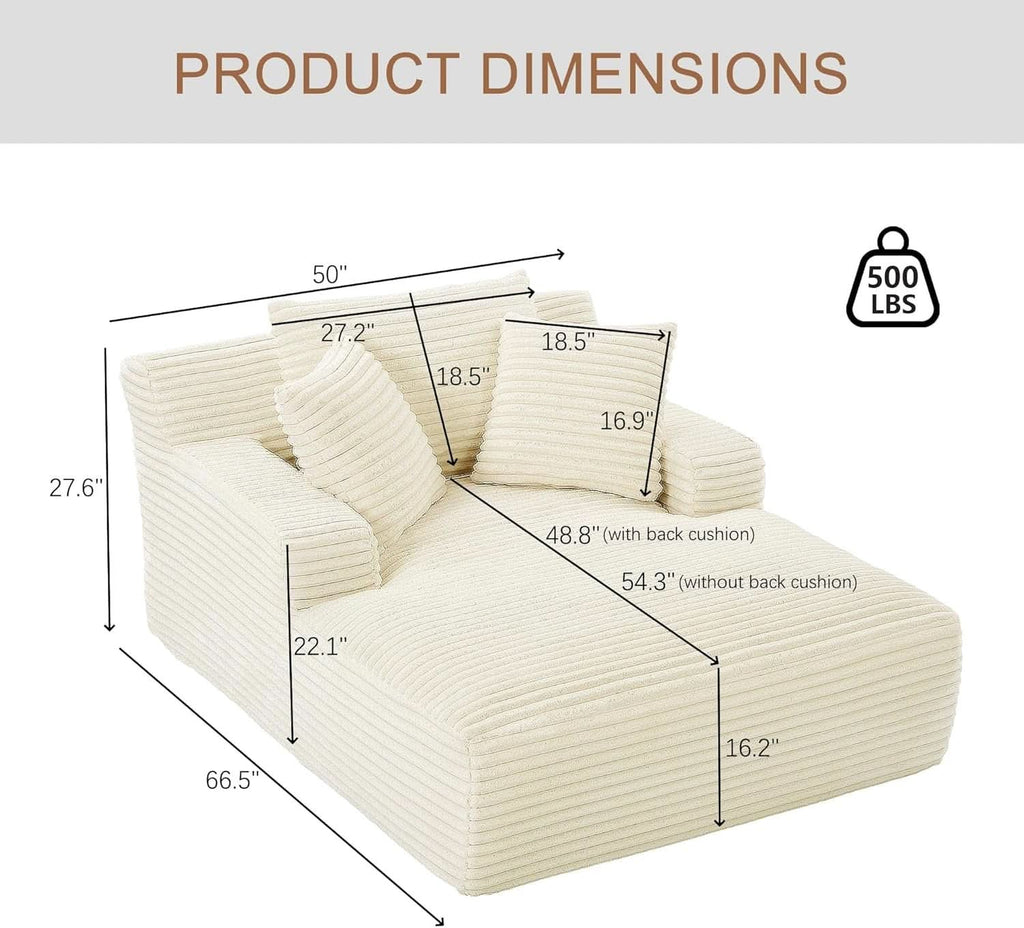 50-Inch Oversized Corduroy Chaise Lounge Chair in White with Pillows
