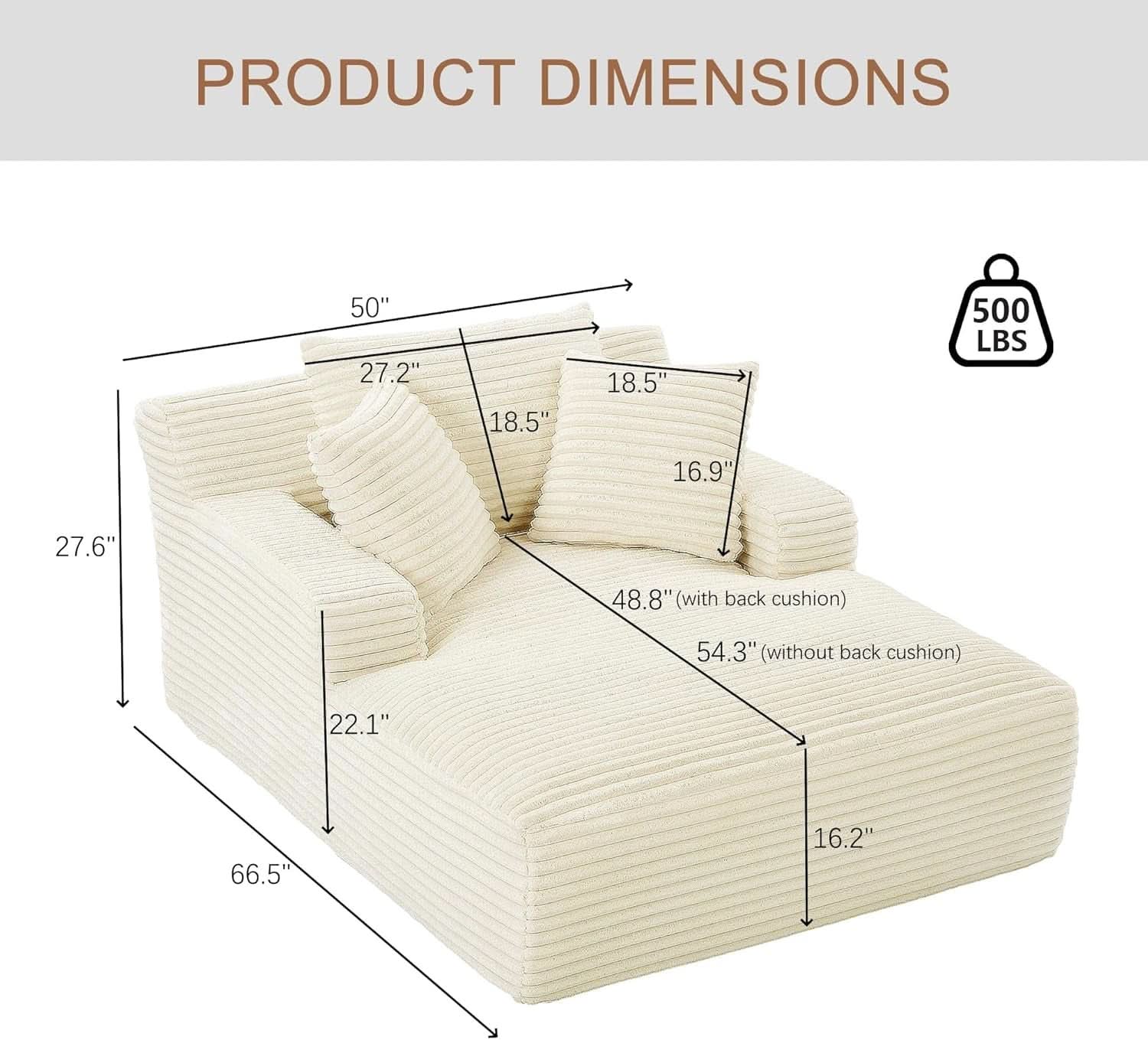 50-Inch Oversized Corduroy Chaise Lounge Chair in White with Pillows