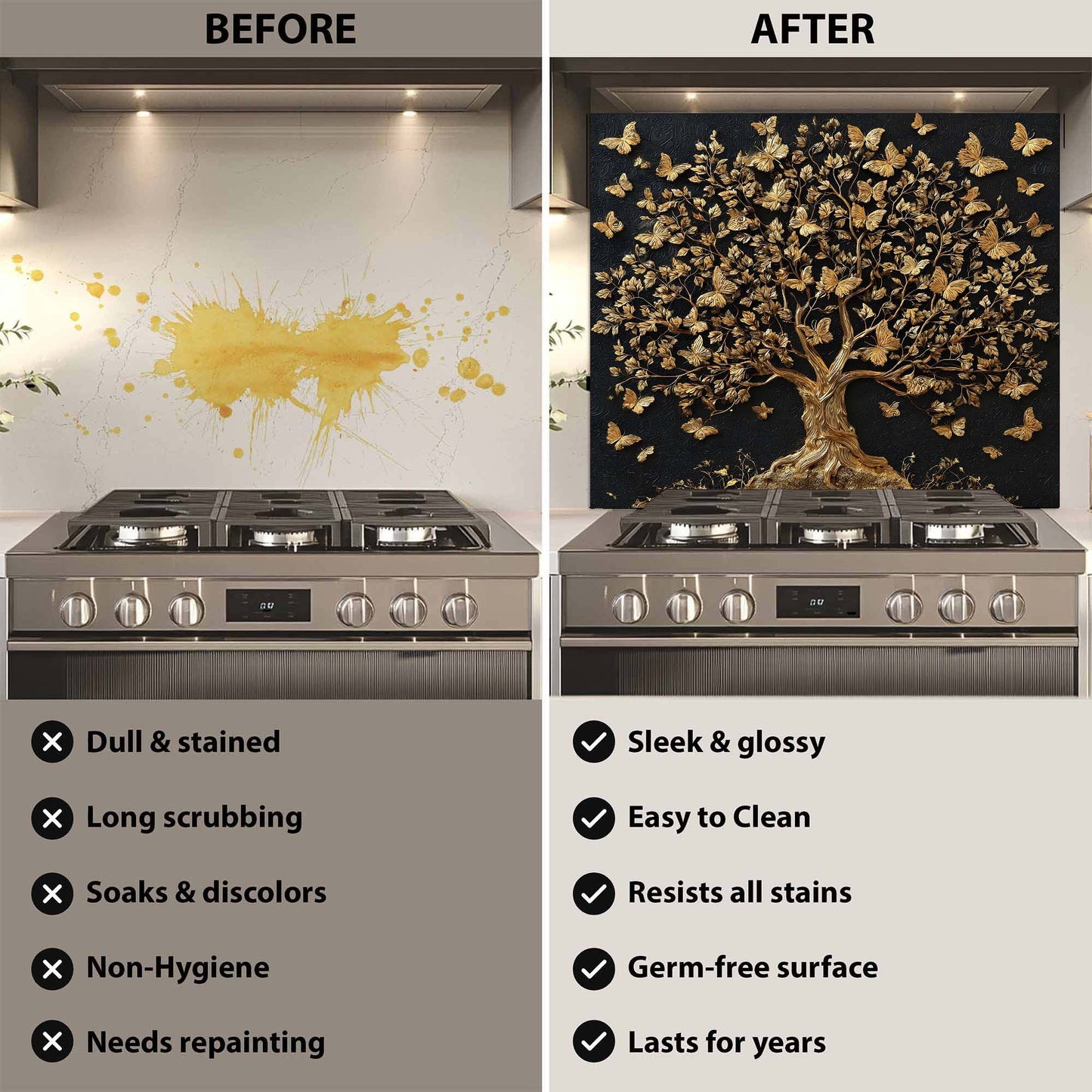 Custom Kitchen Backsplash – Golden Whisper Tempered Glass Stove Backsplash