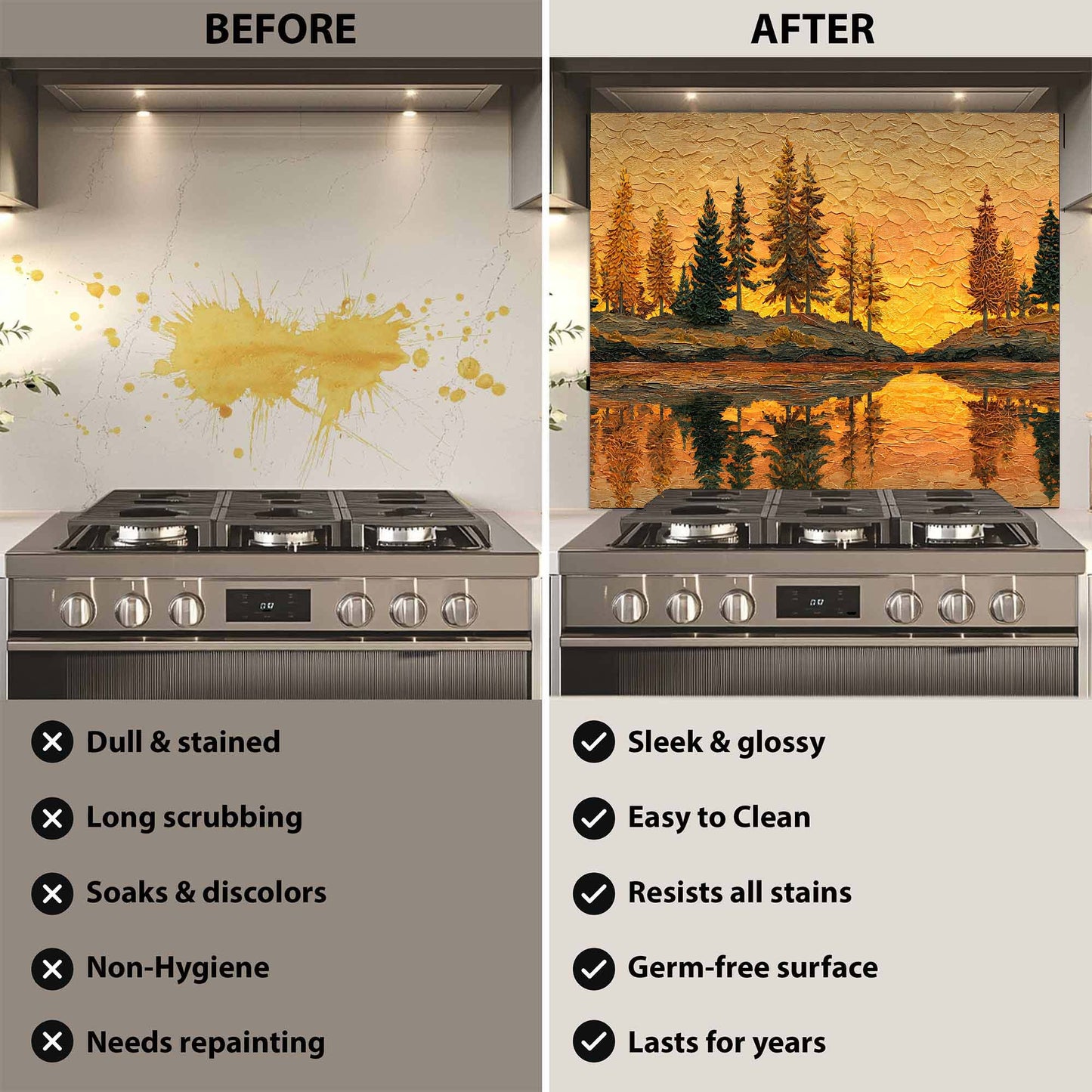 Custom Kitchen Backsplash – Golden Sunset Forest Tempered Glass Backsplash