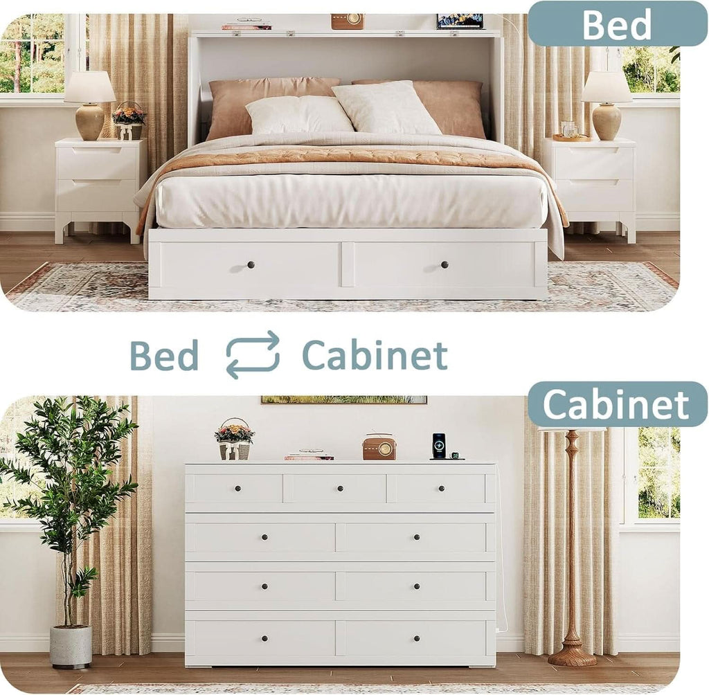 Queen Murphy Bed Cabinet With Storage And Charging Station Distressed White